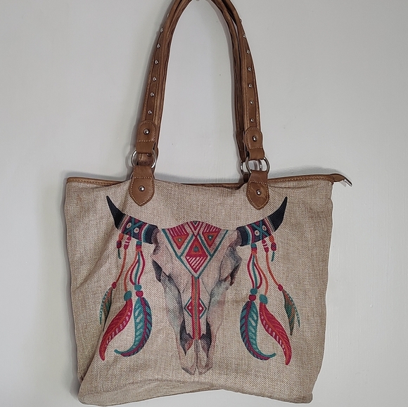 Montana West Burlap Tan Tote Bag with Tribal Design - Picture 2 of 16
